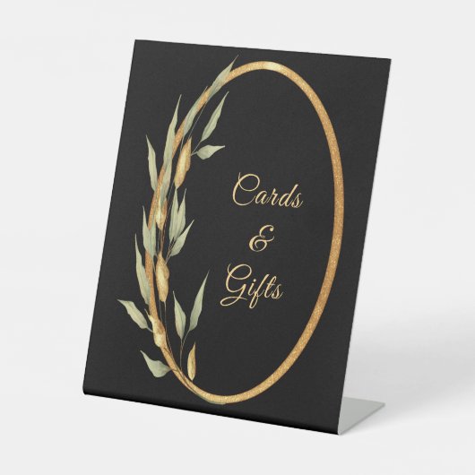 Black Gold Leaves Kaarten en Gifts Pedestal Sign Reclamebord Met Voetstuk (Voorkant)