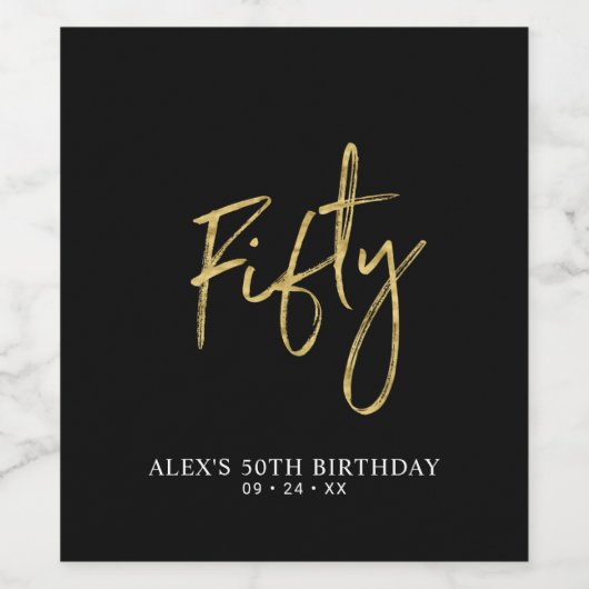 Black & Gold Lettering 50 | 50e verjaardag Wijn Etiket (Enkel label)