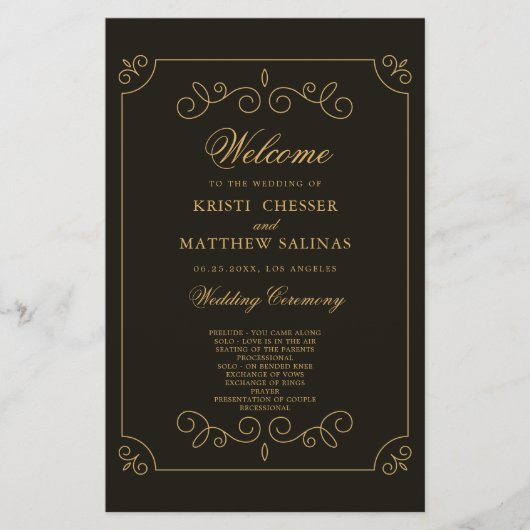 Black Gold Lijst Borders Wedding Program Kaart (Voorkant)