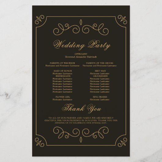 Black Gold Lijst Borders Wedding Program Kaart (Achterkant)