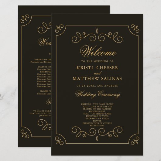Black Gold Lijst Borders Wedding Program Kaart (Voorkant / Achterkant)