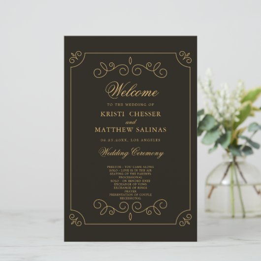 Black Gold Lijst Borders Wedding Program Kaart (Staand voorkant)