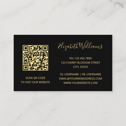 Black Gold Line Art Floral Glitter | QR-code Visitekaartje (Achterkant)