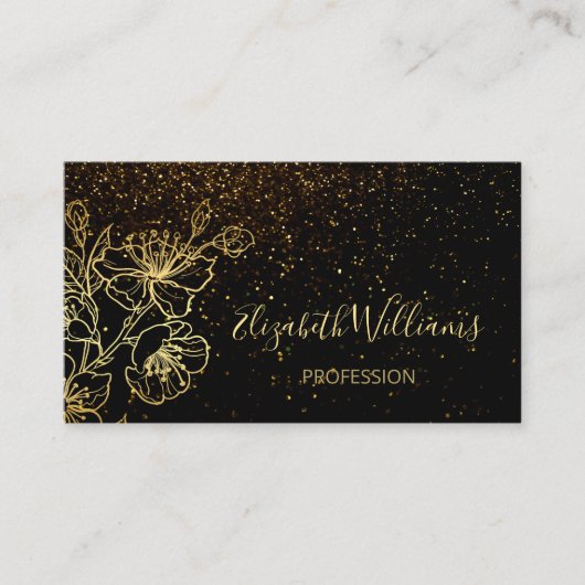 Black Gold Line Art Floral Glitter | QR-code Visitekaartje (Voorkant)