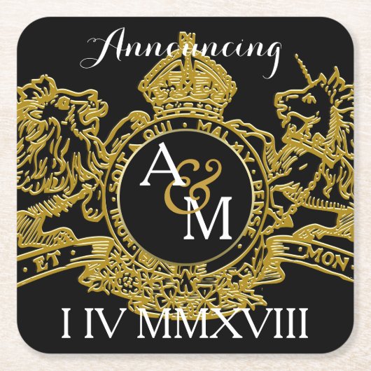Black Gold Lion Unicorn Regal Emblem Save Date Kartonnen Onderzetters (Voorkant)