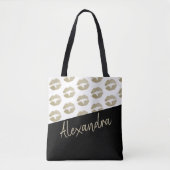 Black Gold Lips Kiss Pattern Moderne Personeelsfor Tote Bag (Voorkant)