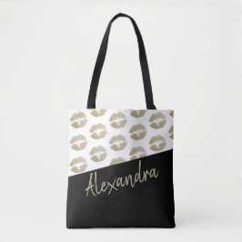 Black Gold Lips Kiss Pattern Moderne Personeelsfor Tote Bag