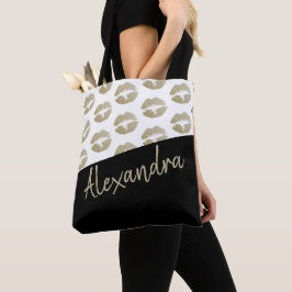 Black Gold Lips Kiss Pattern Moderne Personeelsfor Tote Bag