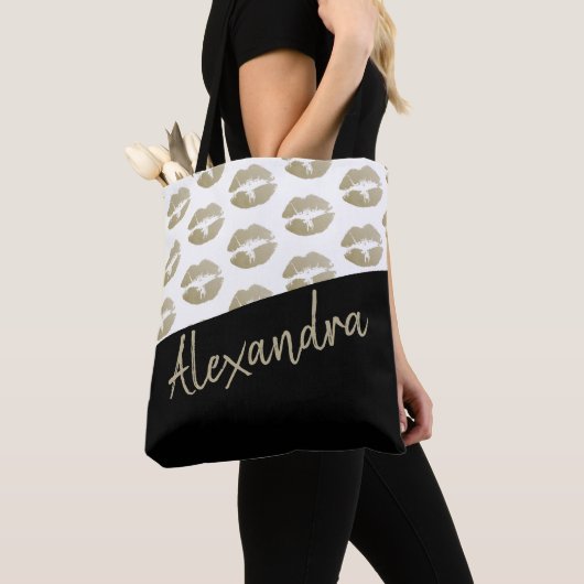 Black Gold Lips Kiss Pattern Moderne Personeelsfor Tote Bag (Dichtbij)