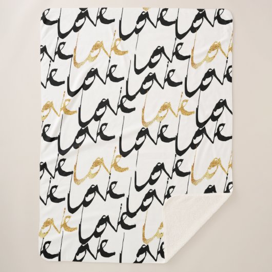 Black & Gold LOVE Pattern Sherpa Blanket Deken (Voorkant)