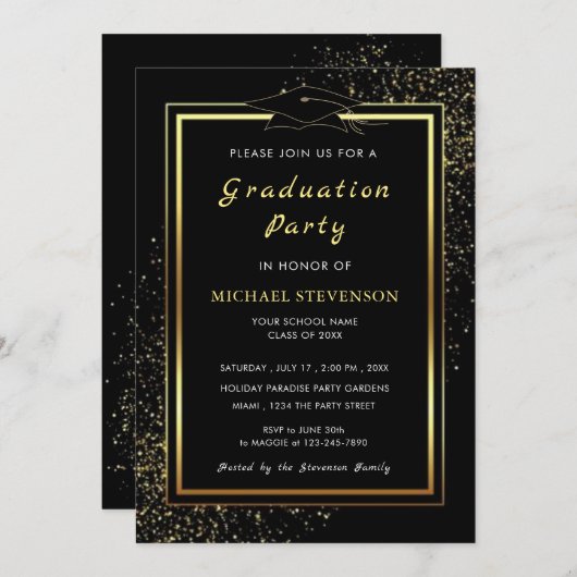 Black Gold Luxury Afstuderen Invitation Kaart (Voorkant / Achterkant)
