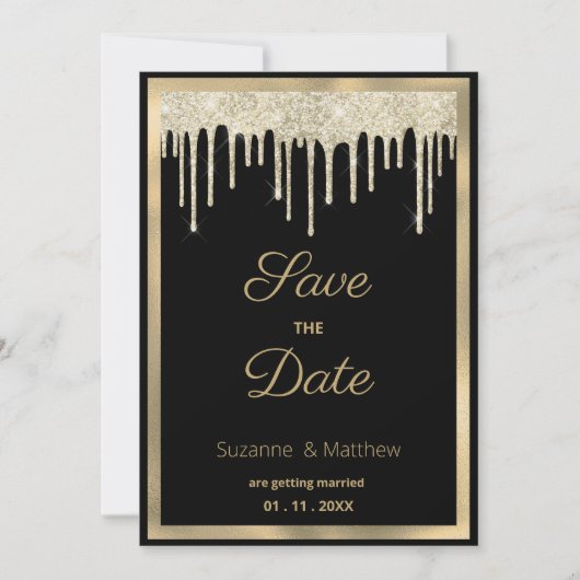 Black gold luxury glitter drips Save the Date Kaart (Voorkant)