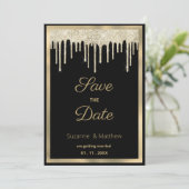 Black gold luxury glitter drips Save the Date Kaart (Staand voorkant)