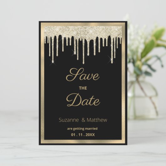 Black gold luxury glitter drips Save the Date Kaart (Staand voorkant)