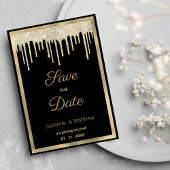 Black gold luxury glitter drips Save the Date Kaart