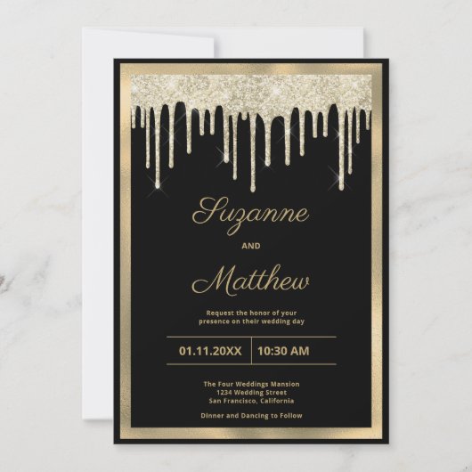 Black gold luxury glitter drips wedding kaart (Voorkant)