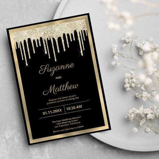 Black gold luxury glitter drips wedding kaart
