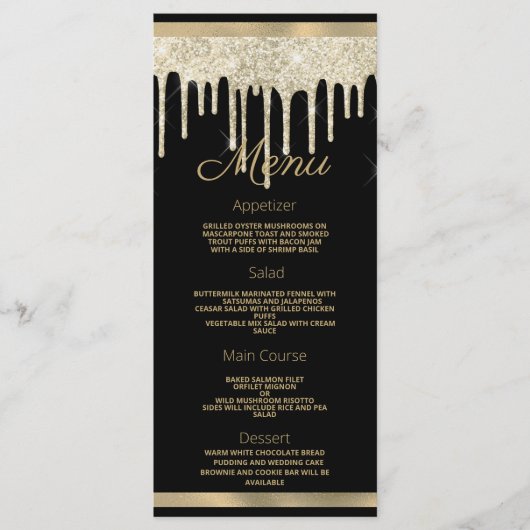 Black gold luxury glitter drips Wedding Menu (Voorkant)