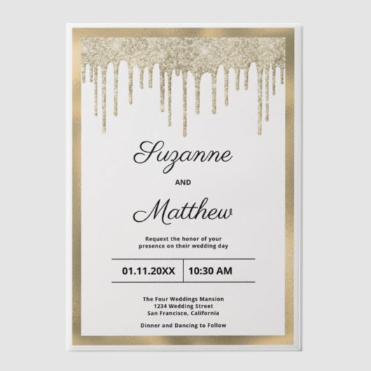 Black gold luxury glitter drips Wedding Vellum Uitnodigingen (Voorkant)