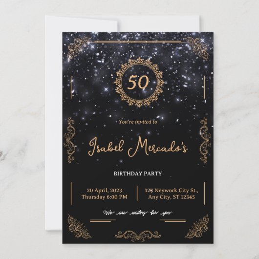 Black Gold Luxury Jubileum 50th Birthday Invite Kaart (Voorkant)