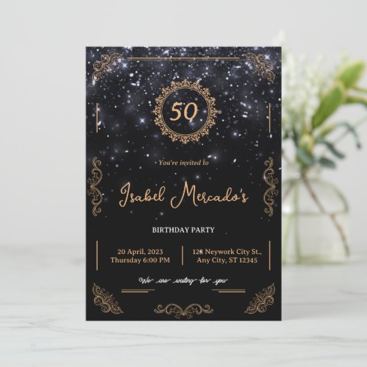 Black Gold Luxury Jubileum 50th Birthday Invite Kaart (Staand voorkant)