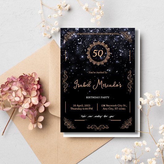 Black Gold Luxury Jubileum 50th Birthday Invite Kaart