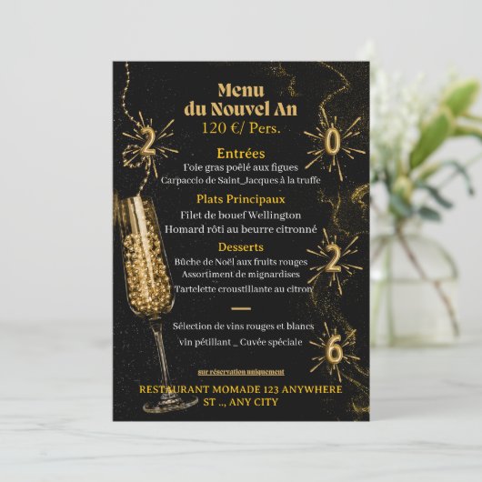 Black & Gold Luxury Sparkle Dinner Menu Template (Staand voorkant)