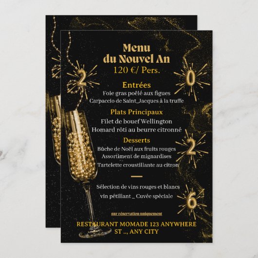 Black & Gold Luxury Sparkle Dinner Menu Template (Voorkant / Achterkant)