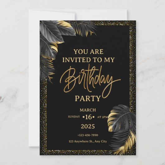 Black Gold Luxury Tropical Leaf Happy Birthday  Kaart (Voorkant)