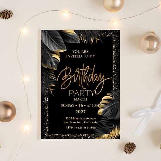 Black Gold Luxury Tropical Leaf Happy Birthday Kaart