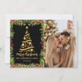 Black Gold Magical KerstHolly Berries 3 Foto Feestdagenkaart (Voorkant)