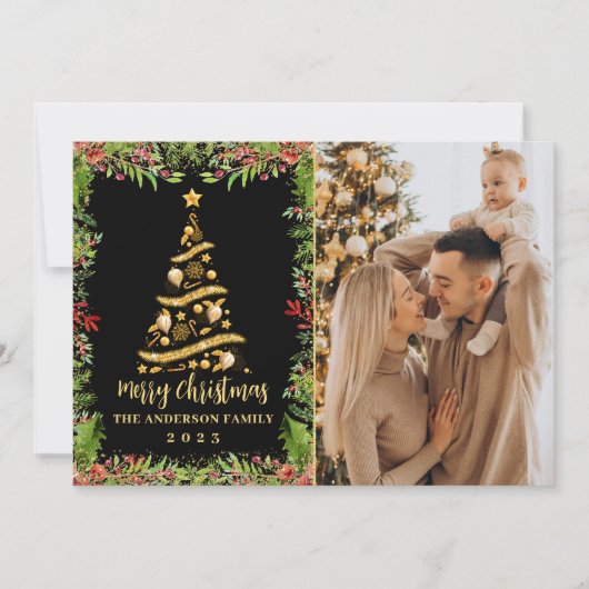 Black Gold Magical KerstHolly Berries 3 Foto Feestdagenkaart (Voorkant)