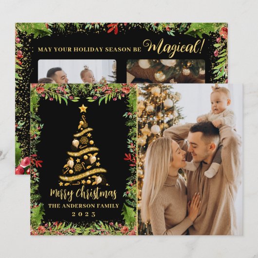 Black Gold Magical KerstHolly Berries 3 Foto Feestdagenkaart (Voorkant / Achterkant)