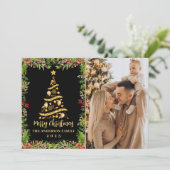 Black Gold Magical KerstHolly Berries 3 Foto Feestdagenkaart (Staand voorkant)