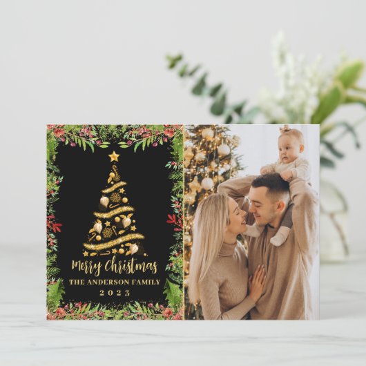 Black Gold Magical KerstHolly Berries 3 Foto Feestdagenkaart (Staand voorkant)