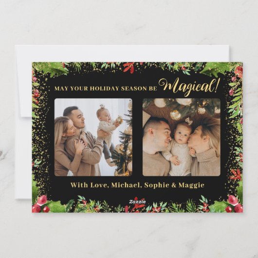 Black Gold Magical KerstHolly Berries 3 Foto Feestdagenkaart (Achterkant)