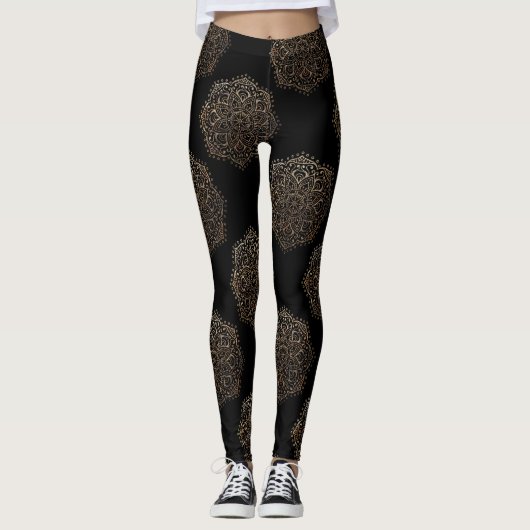 Black Gold Mandalas Pattern | Zen Boho Yoga Pants Leggings (Voorkant)