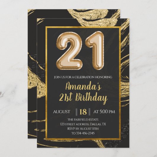 Black Gold Marble 21st Birthday Invitation Kaart (Voorkant / Achterkant)