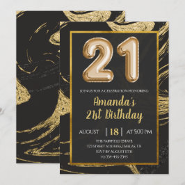 Black Gold Marble 21st Birthday Invitation Kaart
