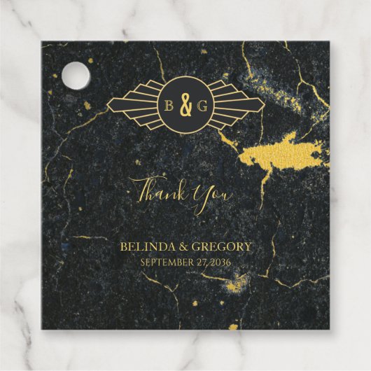 Black Gold Marble Art Deco Wedding Bedankjes Labels (Voorkant)