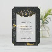 Black Gold Marble Art Deco Wedding Kaart (Staand voorkant)