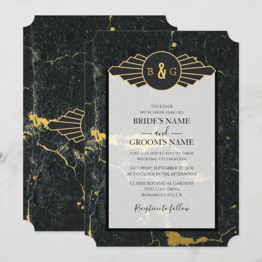 Black Gold Marble Art Deco Wedding Kaart (Voorkant / Achterkant)