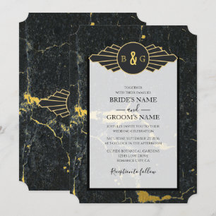 Black Gold Marble Art Deco Wedding Kaart