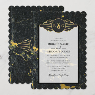 Black Gold Marble Art Deco Wedding Kaart