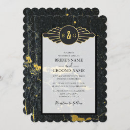 Black Gold Marble Art Deco Wedding Kaart