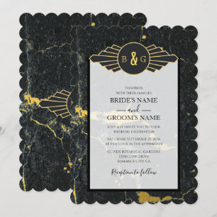Black Gold Marble Art Deco Wedding Kaart