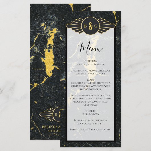 Black Gold Marble Art Deco Wedding Menu (Voorkant / Achterkant)