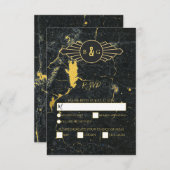 Black Gold Marble Art Deco Wedding RSVP Kaartje (Voorkant / Achterkant)