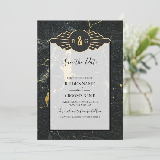 Black Gold Marble Art Deco Wedding Save The Date (Staand voorkant)