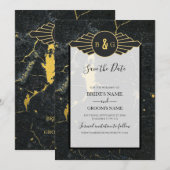 Black Gold Marble Art Deco Wedding Save The Date (Voorkant / Achterkant)